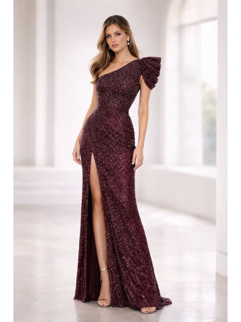 MAC DUGGAL 5622 EMBELLISHED PUFF ONE SHOULDER BLACKBERRY GOWN DRESS SIZE 14